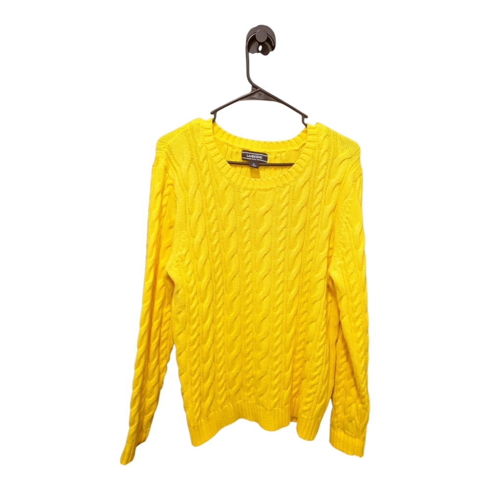Lands’ End Yellow Cable Knit Sweater Large Fisherman Coastal‎ Spring 100% Cotton
